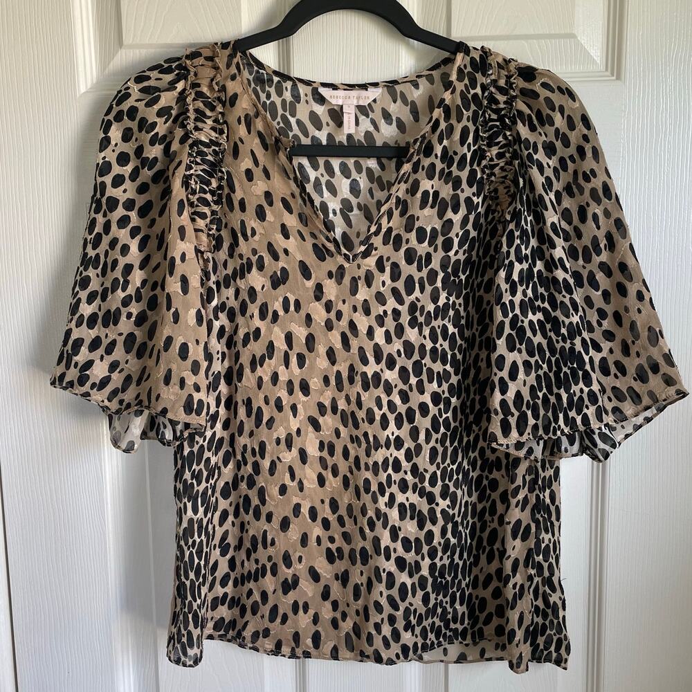 Rebecca Taylor Blouse Sz S Silk Blend Animal Print Semi-Sheer Half Sleeves